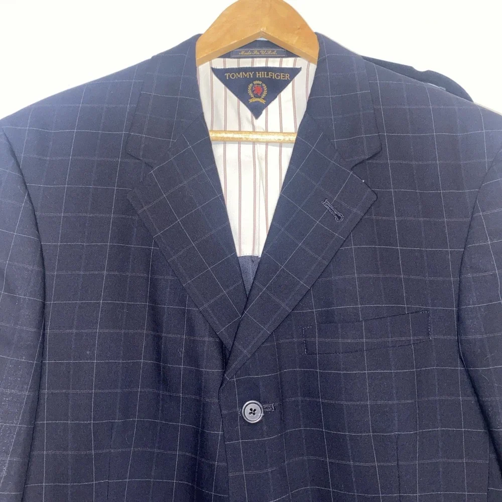 Vintage Tommy Hilfiger Suit Black Windowpane 2 Pc Pleated 90s Made USA 42R 33x29